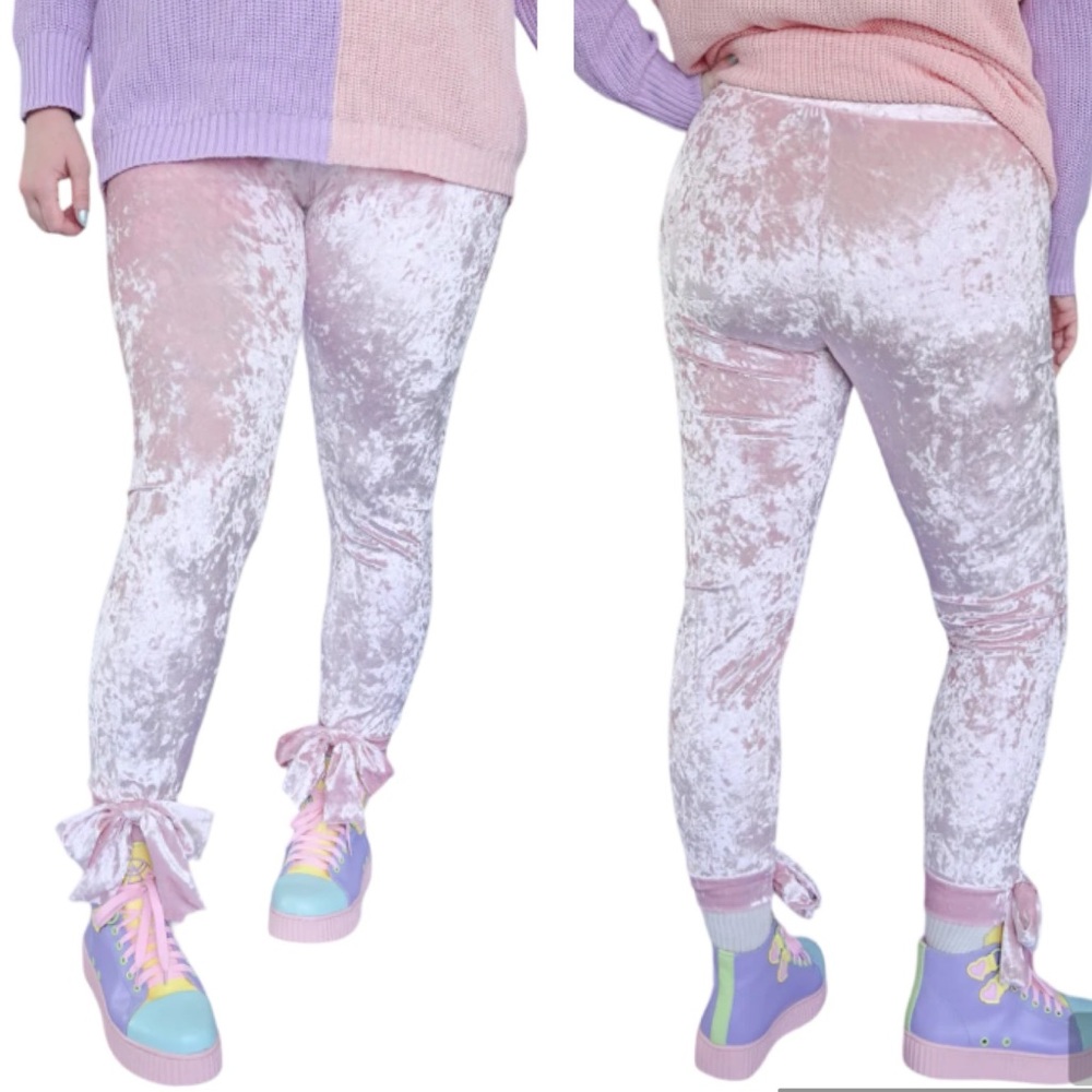 MY VIOLET Crushed Velour Velvet Leggings Bow Cuffs Light Pink Pastel Small